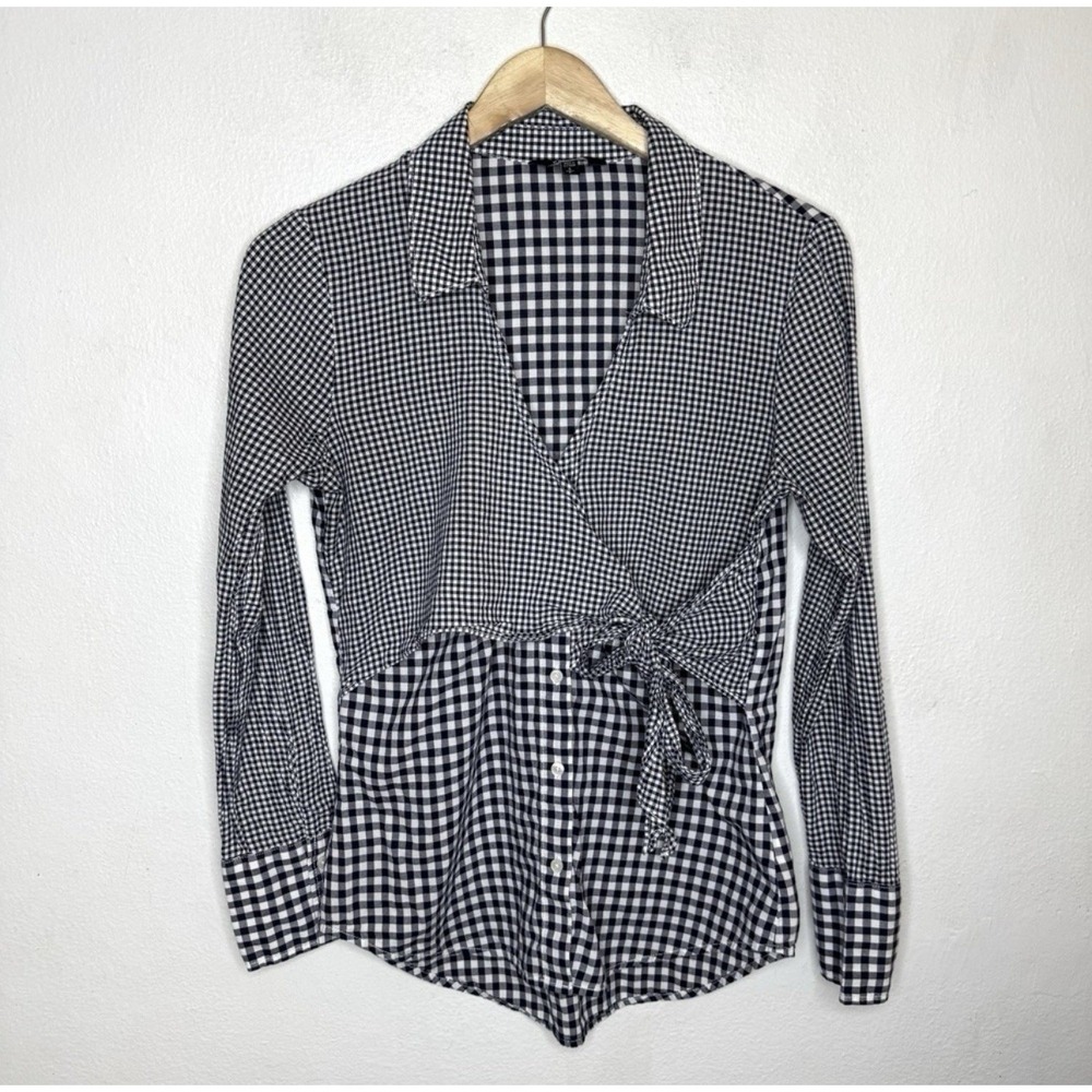 Express Blue Gingham Button Up Women's Small Tie Front Collared V-neck Preppy